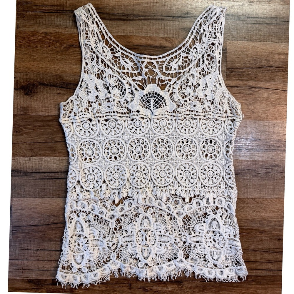 Valerie Bertinelli Top Cream Crochet Lace Sleeveless Boho Romantic Large